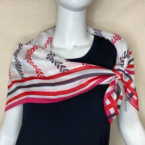 Talbots Large Square Modal Scarf Stripes Vines Pink Red Black White
